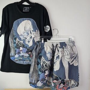 Rebel Vengeance Shorts T-Shirt Set L Mens Black Samurai Skull Graphic Streetwear